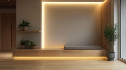 Modern minimalist interior design with wooden seating and plants