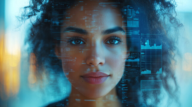 Closeup portrait of a woman with a superimposed futuristic digital interface displaying data charts and graphs. The image evokes themes of technology, data analysis, and the future. - Powered by Adobe