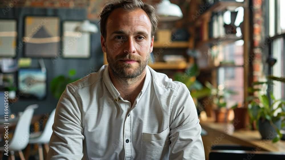 Aufkleber a man sits at a wooden table in a stylish workspace filled with greenery and warm lighting. he appea