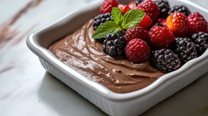 Chocolate mousse with fresh berries and mint sprig
