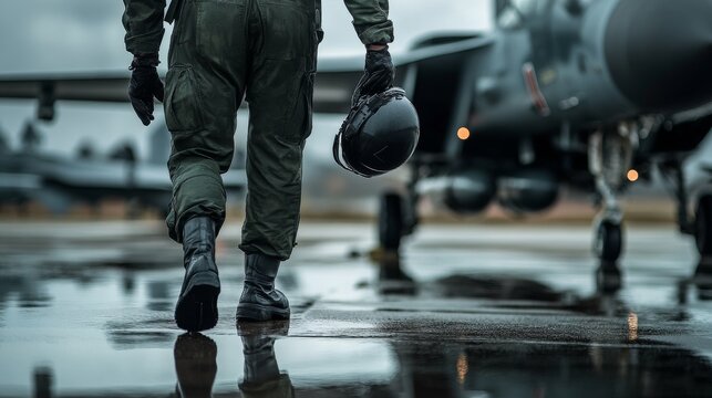 A pilot dressed in full gear approaches a parked fighter jet on a rainy airport runway. The wet surface reflects the aircraft, creating a dramatic atmosphere during the afternoon