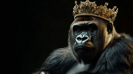 Obraz premium A powerful gorilla adorned with a crown exudes majesty and strength. The dark background enhances its features, highlighting its fur and regal appearance