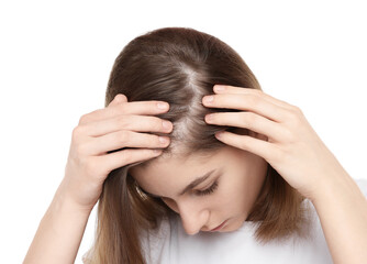 Girl with hair loss problem on white background