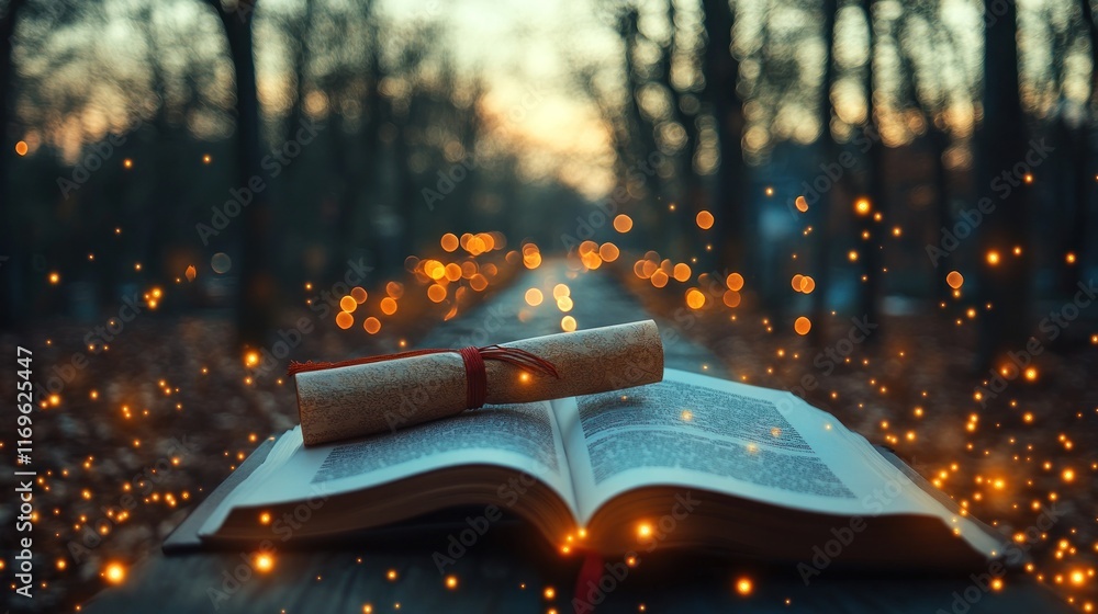 Aufkleber Ancient Scroll Rests Upon Open Book In Magical Forest