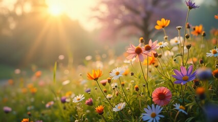 Vibrant Wildflower Meadow Sunset Sunrise Golden Hour Blooming Flowers