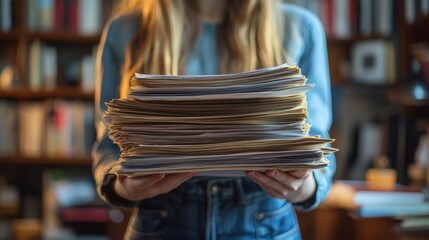 A young woman stands in an office library holding a large stack of neatly organized paperwork, representing work and research in a business or educational setting