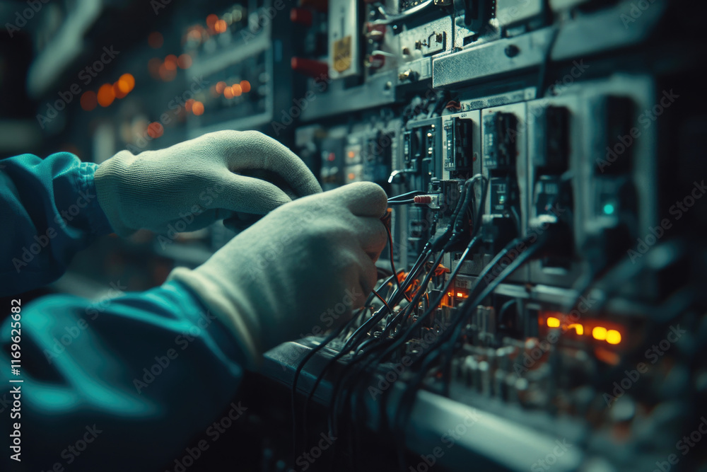 Aufkleber a gloved technician meticulously connects wires in a complex electrical system, ensuring precision a