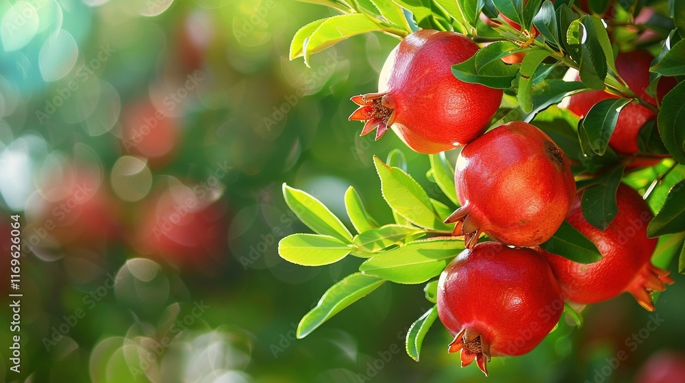 Poster a pomegranate tree with several red fruit hanging from green leaves in a hazy backdrop