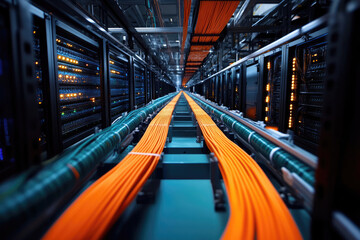 A long corridor of server racks with vibrant orange cables connecting them, showcasing a massive data center's infrastructure.