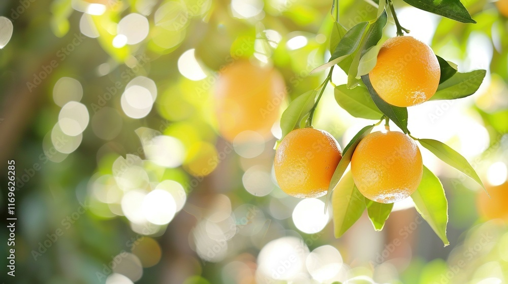 Poster oranges dangling from a tree, illuminated by golden sunbeams filtering through the lush foliage abov
