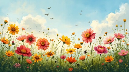 Fototapeta premium Vibrant Wildflower Meadow Summer Blooming Flowers