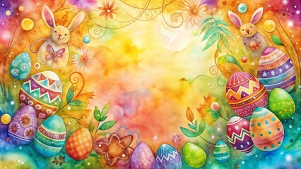 Colorful Easter themed illustration featuring eggs, bunnies, and floral elements