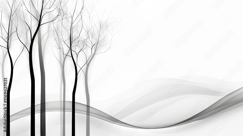 Poster black and white background with trees in bottom right corner and wave of smoke in bottom left corner