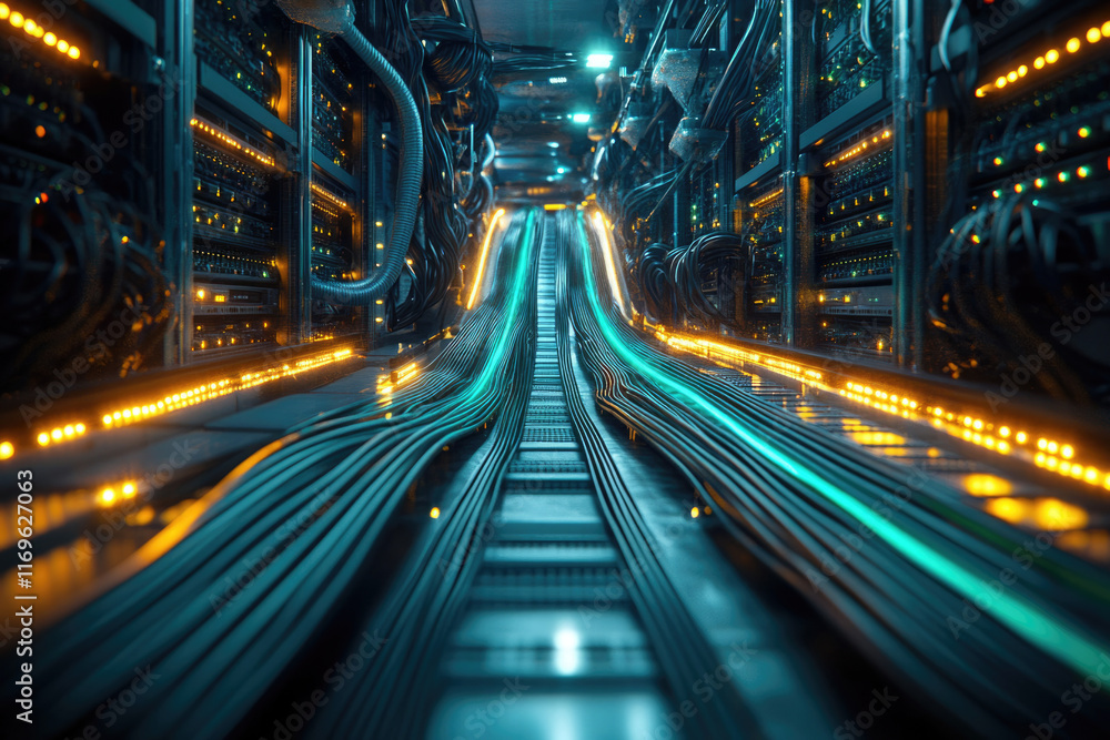 Poster a futuristic server room with glowing cables and racks, showcasing advanced data infrastructure and 
