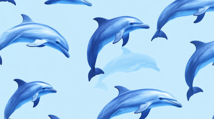 Obraz premium Seamless pattern of dolphins swimming in light blue ocean background