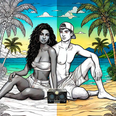 couple on the beach with a radio