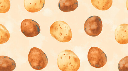 Seamless pattern of hand-drawn potatoes in various shades of brown on beige background
