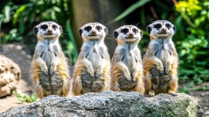 Fototapeta premium Meerkats Standing Upright Near Rock Formation