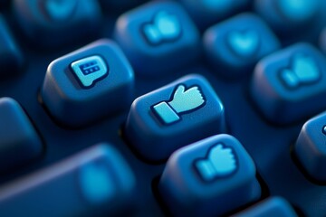Fototapeta premium Blue keyboard; approval symbols; digital interaction.
