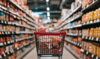 Grocery cart filled with packaged food items in supermarket aisle.