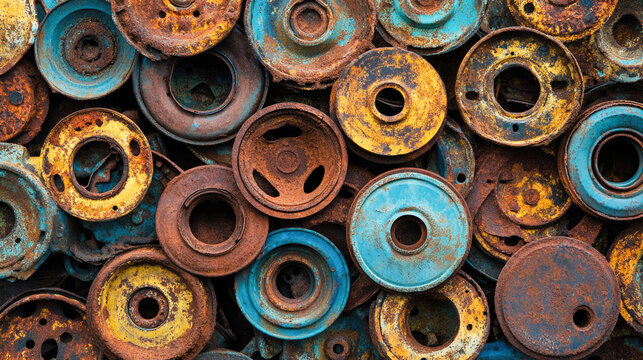 Colorful rusted metal wheels in brown and blue tones