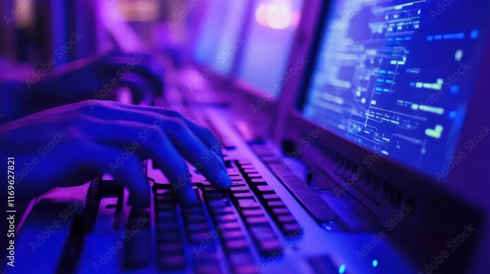 Poster Hands Typing Code On A Keyboard In Low Light