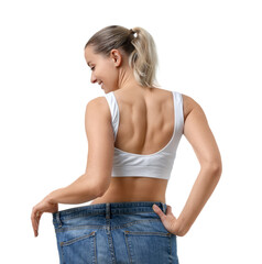 Weight loss. Happy woman wearing big jeans on white background