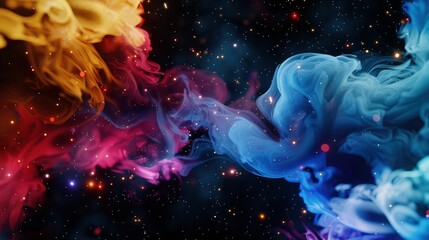 Naklejka premium A diverse swarm of colored smokes drift in the atmosphere against a dark backdrop, featuring vibrant hues of red, yellow, and blue