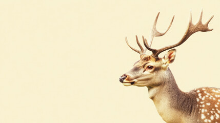 Majestic stag with impressive antlers on soft yellow background