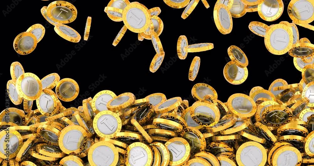 Poster coins falling and fill the screen. 3d animation on transparent background