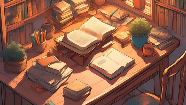 4k - anime style - wallpaper
A cozy study room with table, books, lo-fi vibes
