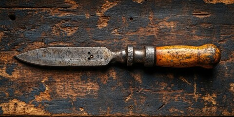 Antique Handcrafted Wood-Handled Knife with Weathered Blade Lying on Aged Rustic Wooden Surface Showcasing Historical Craftsmanship and Patina Detailing