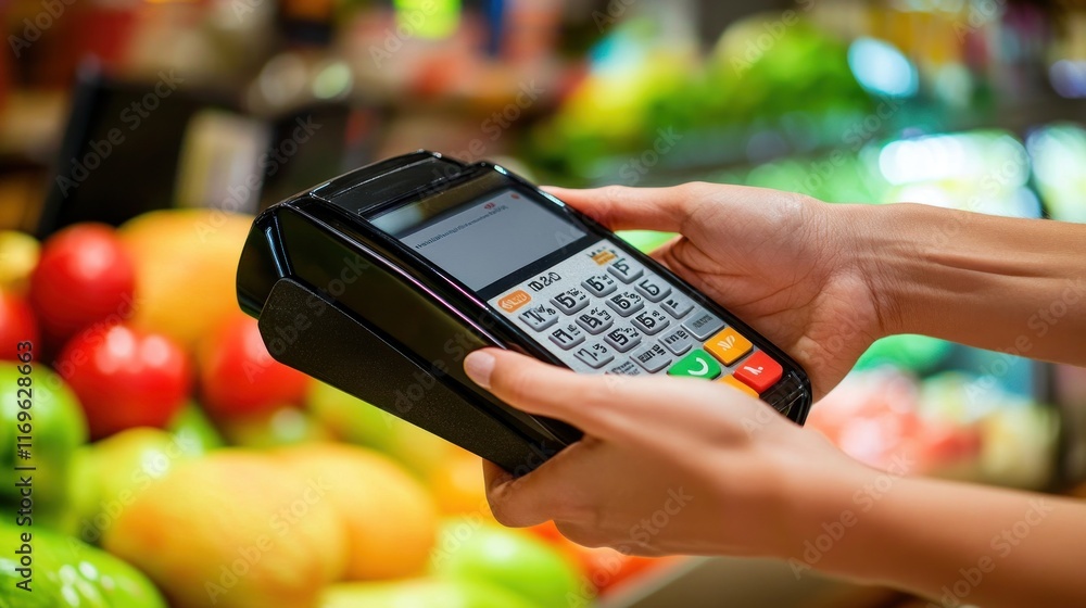 Poster hands using a payment terminal at a grocery store