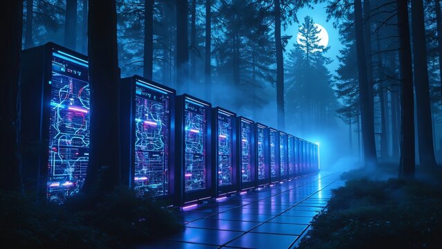 Futuristic Servers in a Mystical Forest at Night