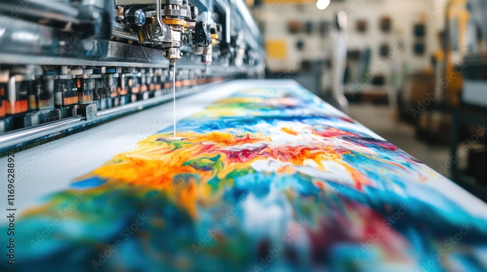 Poster colorful textile printing process in a factory setting