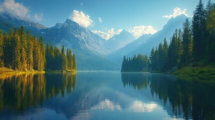Obraz premium Water enclosed by trees and mountains with cloudy skies and some clouds reflected in the water