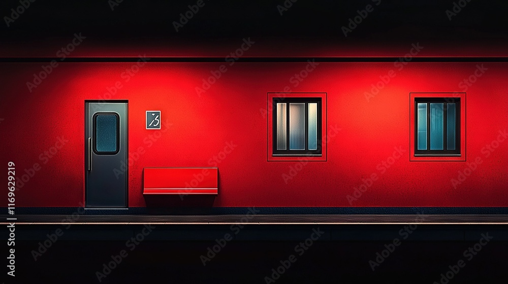 Poster red building with three windows, bench in front of door and window sill