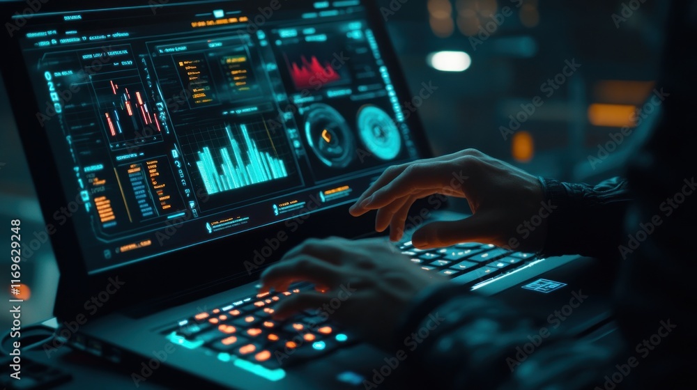 Poster Hands Typing on Futuristic Laptop Displaying Data