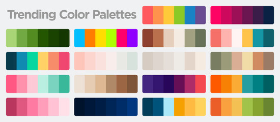 Collection of trending color palettes showcasing a variety of hues and tones. This visually appealing layout is perfect for designers seeking inspiration for their projects.