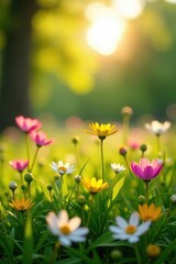 Vibrant wildflowers bloom in a sunlit meadow, fresh spring growth , springtime, wildflowers, field