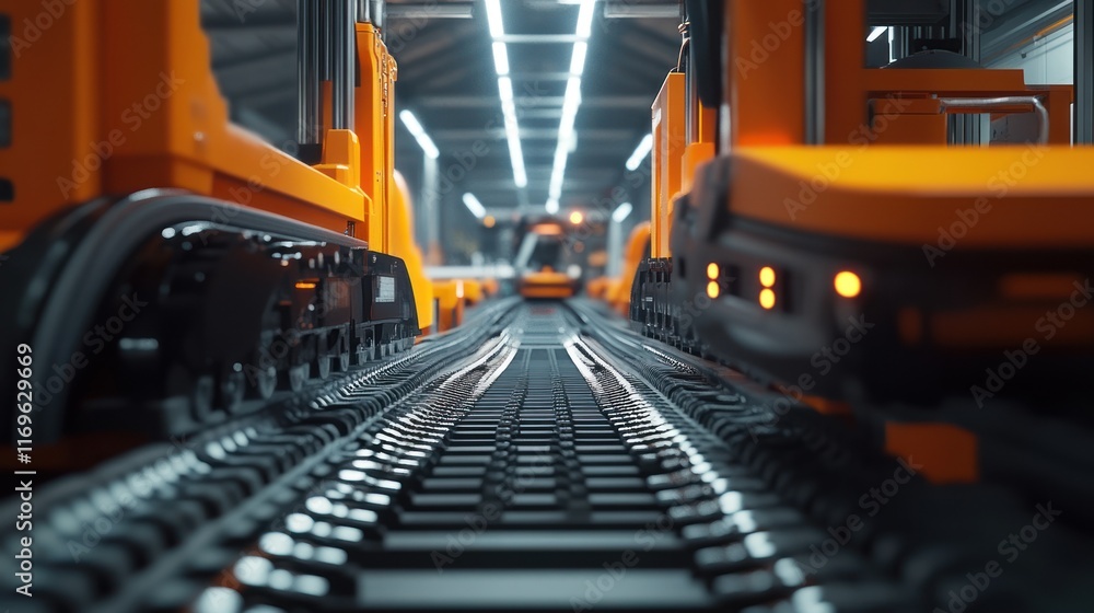 Poster automated warehouse robotic conveyor system transporting goods