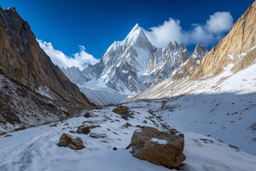Majestic mountain peak rises above snowy valley under a bright blue sky
