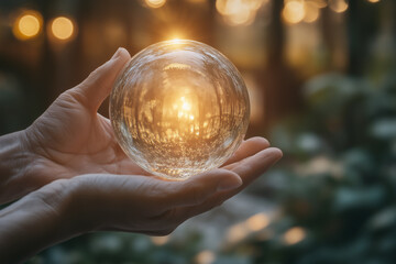Fototapeta premium Hands holding a glass globe reflecting a sunset in a serene outdoor setting
