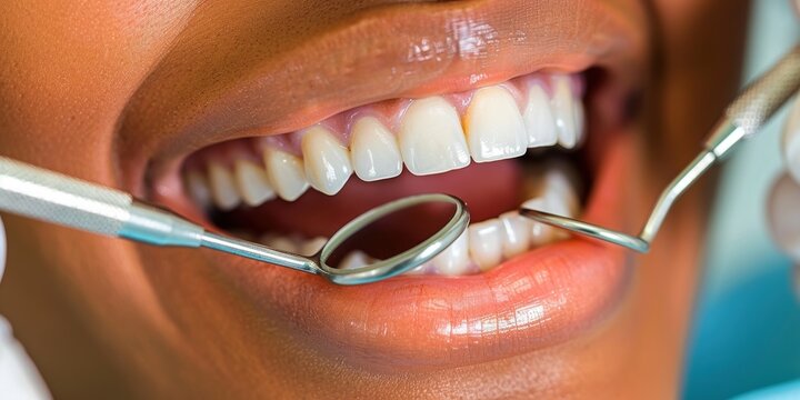 Close-up image of a smiling person's teeth being examined during a dental check-up, showcasing oral health and emphasizing dental care tools and clean teeth