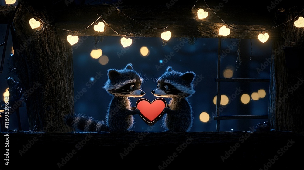 Poster a pair of raccoons positioned near a window displaying a heart symbol
