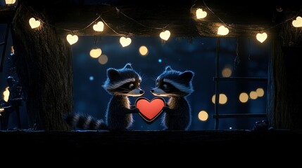   A pair of raccoons positioned near a window displaying a heart symbol
