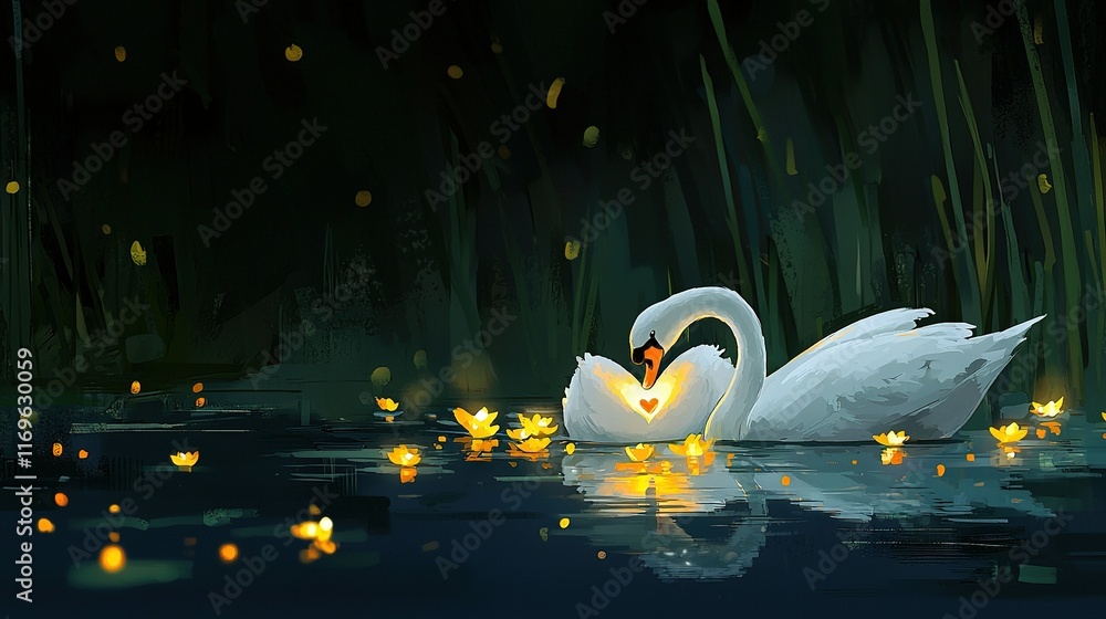 Poster white swan in water with forest and yellow lights..please note that there may be variations in how t