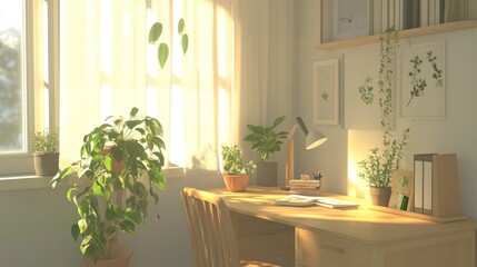 Sunlit Workspace With Plants And Books