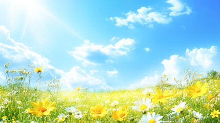 Sunny spring meadow with bright yellow and white flowers under clear blue sky