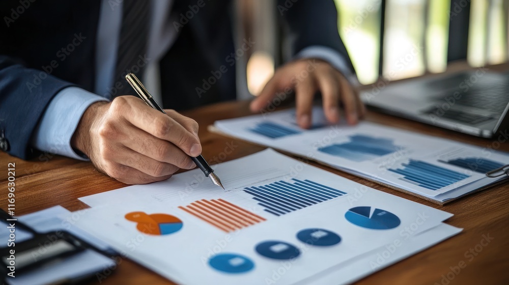 Poster businessman reviewing financial charts and graphs using a pen